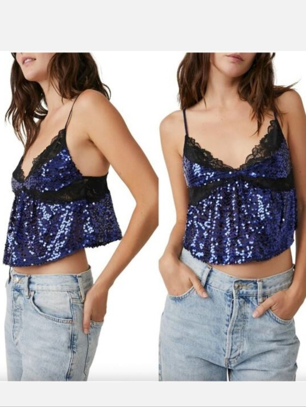 Free People Right Rhythm Blue Sequin Cami Midnight Blue Crop Top Small Lace